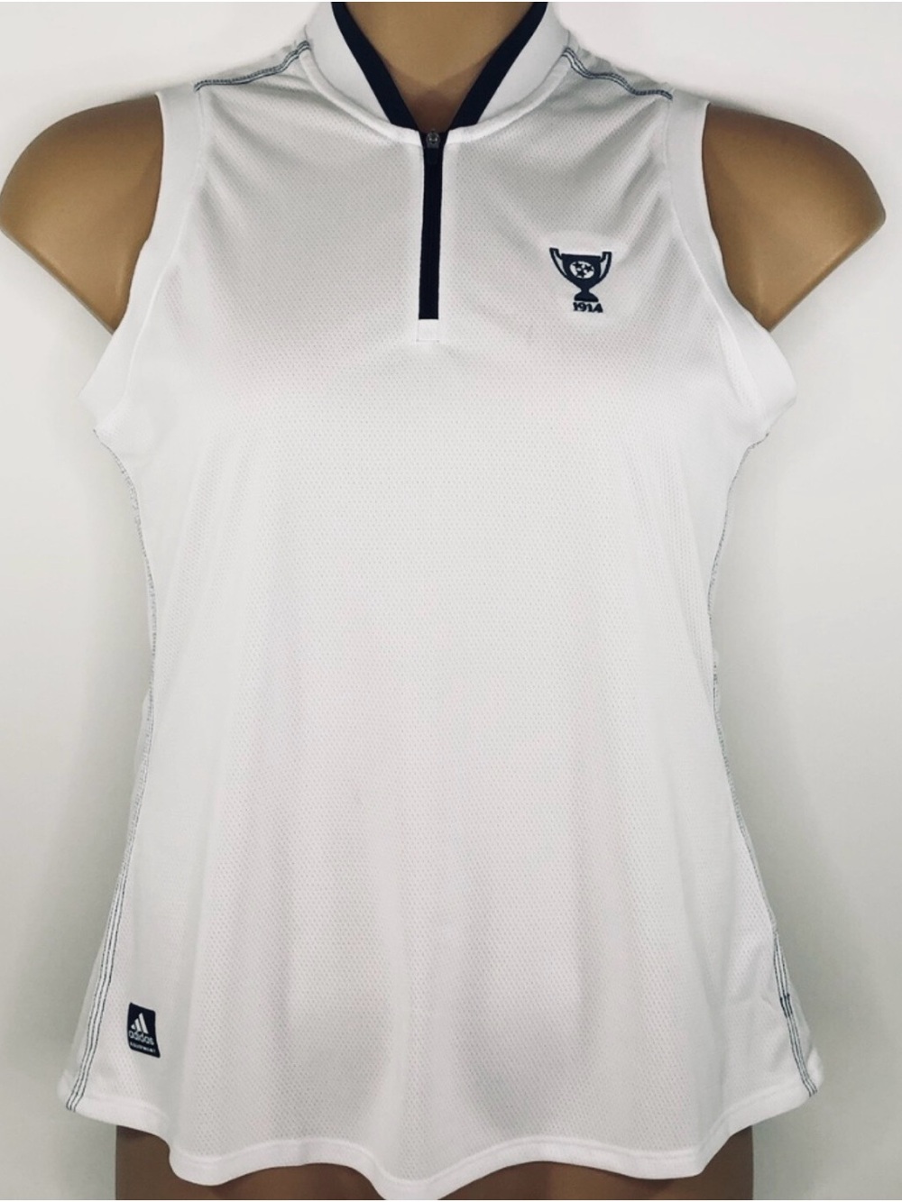 Adidas Womenโs Sz. Small Sleeveless Athletic Primegreen Tank, Golf,Navy/White.